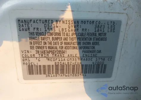 2016 Nissan Sentra S z USA, uszkodzony, nr VIN 3N1AB7AP6GY285941